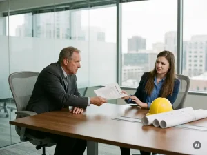 Jonge ingenieur twijfelt bij het tekenen van arbeidscontract met manager in modern ingenieurskantoor met helm en bouwtekeningen