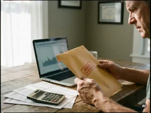 Zelfstandige aan bureau houdt belastingenvelop met rode stempel vast, naast facturen, rekenmachine en laptop met financieel overzicht