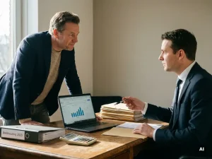 Nederlandse ondernemer bespreekt belastingcontrole met inspecteur aan bureau met ordners, rekenmachine en laptop met grafiek.