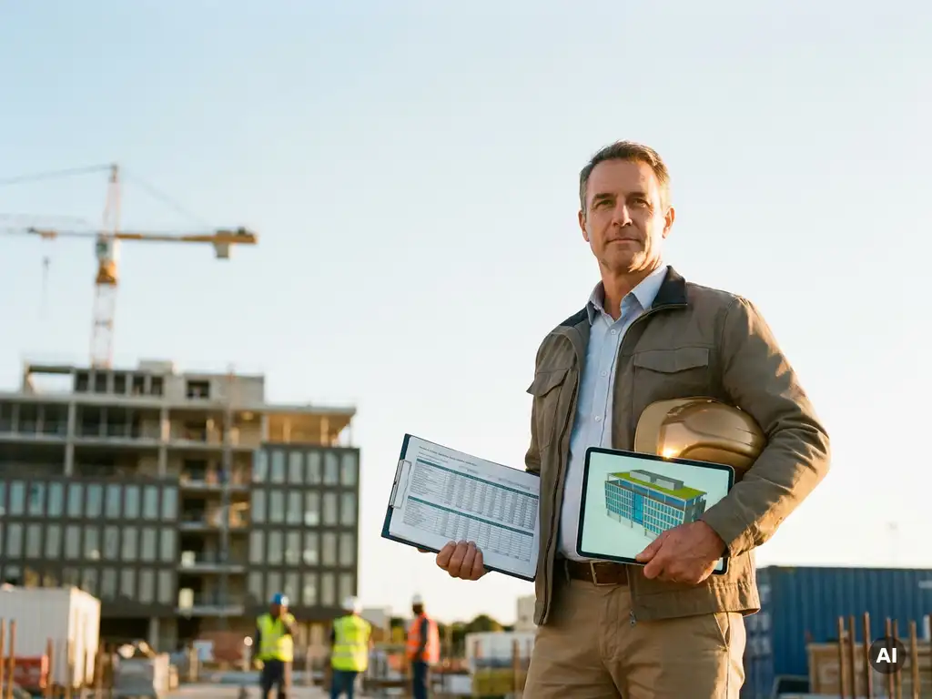 Zelfverzekerde bouwkundig projectleider met helm en tablet voor deels gebouwd kantoorpand met torenkraan in warm middaglicht