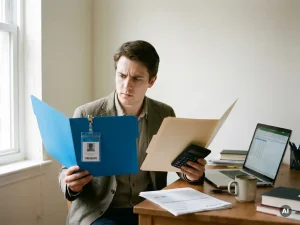 Jonge professional twijfelt tussen bedrijfsmap en eenvoudige map met rekenmachine aan bureau, laptop met spreadsheet en facturen ernaast