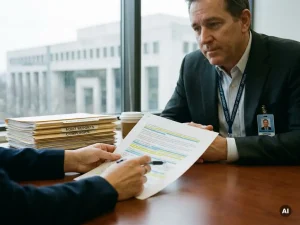 Consultant bespreekt gemarkeerd contract met overheidsfunctionaris aan bureau, met dossiers, ID-badge en regeringsgebouw op achtergrond