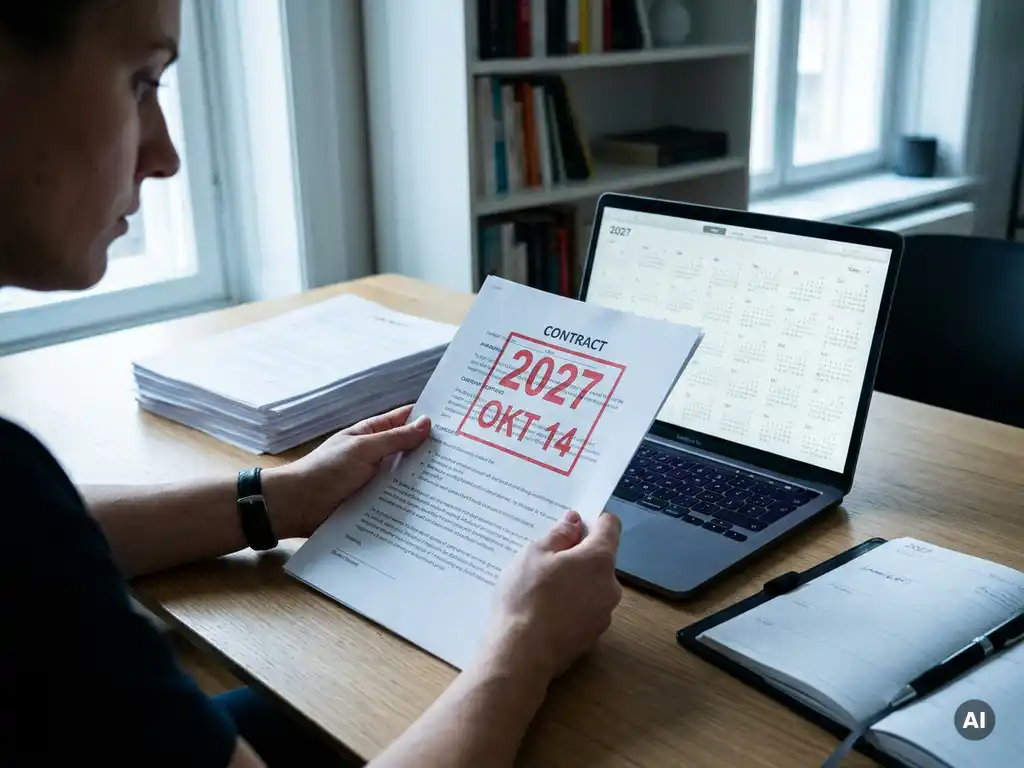 Persoon leest fysiek contract met grote rode datumstempel 2027, naast laptop met kalender en papieren op modern bureau