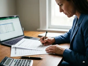 Zelfstandige professional bestudeert contract en checklist aan bureau met laptop, rekenmachine en pen in rustig daglicht