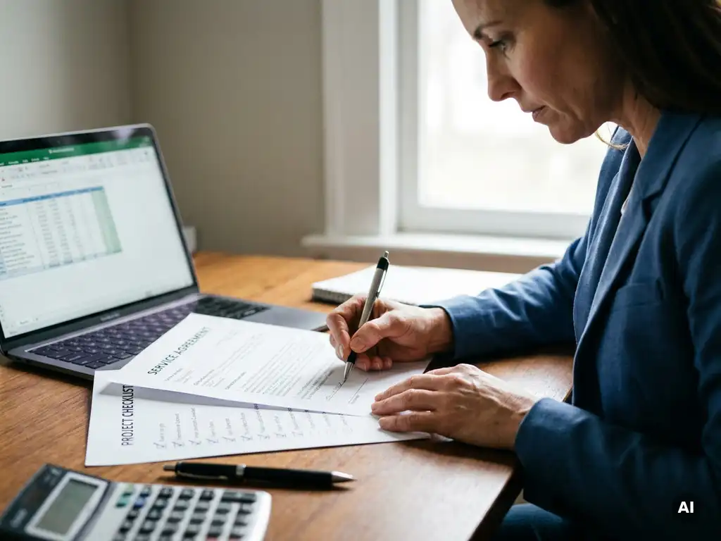 Zelfstandige professional bestudeert contract en checklist aan bureau met laptop, rekenmachine en pen in rustig daglicht
