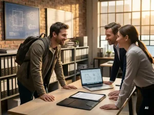 Zelfverzekerde freelance engineer onderhandelt met twee professionals aan tafel met contract, laptop en technische tekeningen in kantoor