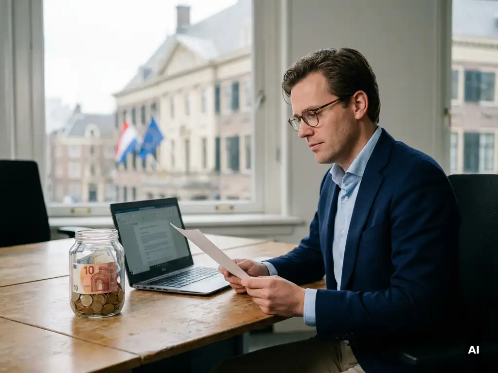 Zelfverzekerde Nederlandse freelancer bekijkt contract aan bureau met pot vol euro’s in licht overheidskantoor met vlaggen buiten