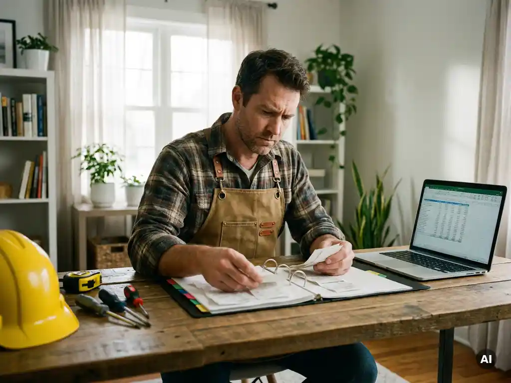 Technische freelancer ordent bonnetjes in map naast laptop met financieel overzicht in opgeruimd thuiskantoor met bouwhelm en gereedschap