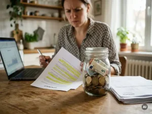 Pot met euromunten en rekeningen op keukentafel terwijl bezorgde freelancer contract en nieuwe werkregels doorneemt