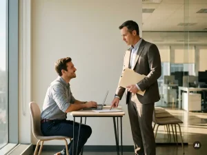 Zelfverzekerde freelancer aan bureau tegenover formele manager met contract in lichte, moderne kantoortuin