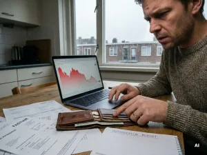 Bezorgde Nederlandse freelancer aan keukentafel met lege portemonnee, dalende financiële grafiek op laptop en rekeningen