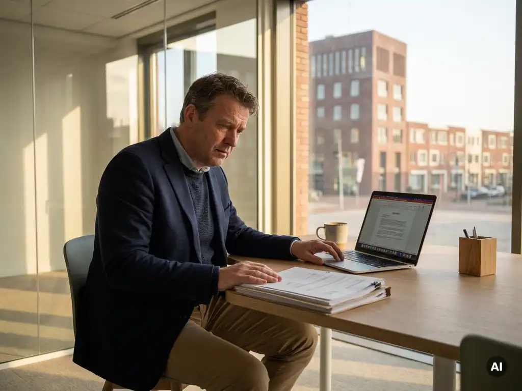 Nederlandse freelancer aan bureau met laptop en documenten, uitkijkend op modern stadhuis; nadenkend over gemeentelijke contracten