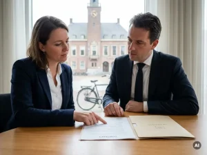 Freelancer bespreekt contractclausule met gemeentelijke ambtenaar in moderne Nederlandse raadszaal, focus op handen en document