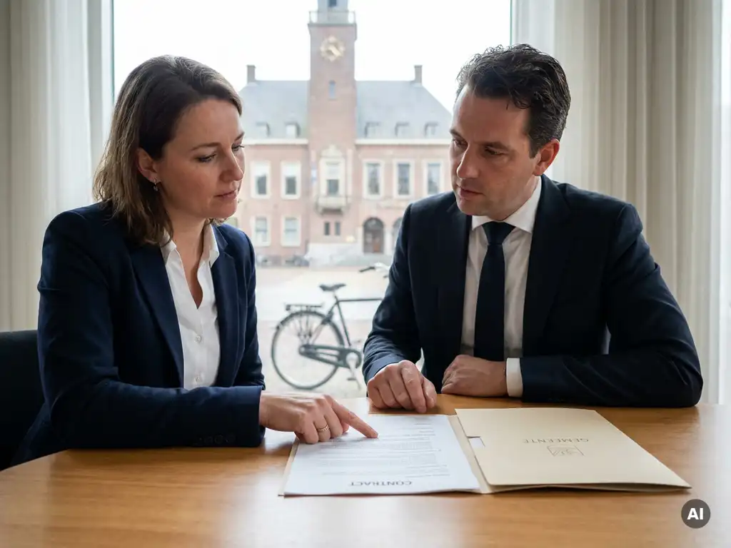 Freelancer bespreekt contractclausule met gemeentelijke ambtenaar in moderne Nederlandse raadszaal, focus op handen en document