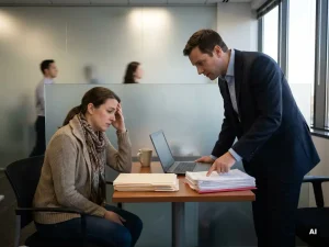 Bezorgde freelancer tegenover manager die op contractpapieren wijst in zakelijk kantoor met formele werksfeer