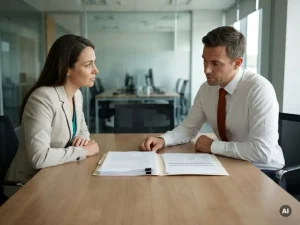Freelancer en recruiter bespreken contracten aan houten vergadertafel in modern kantoor met map vol zakelijke documenten
