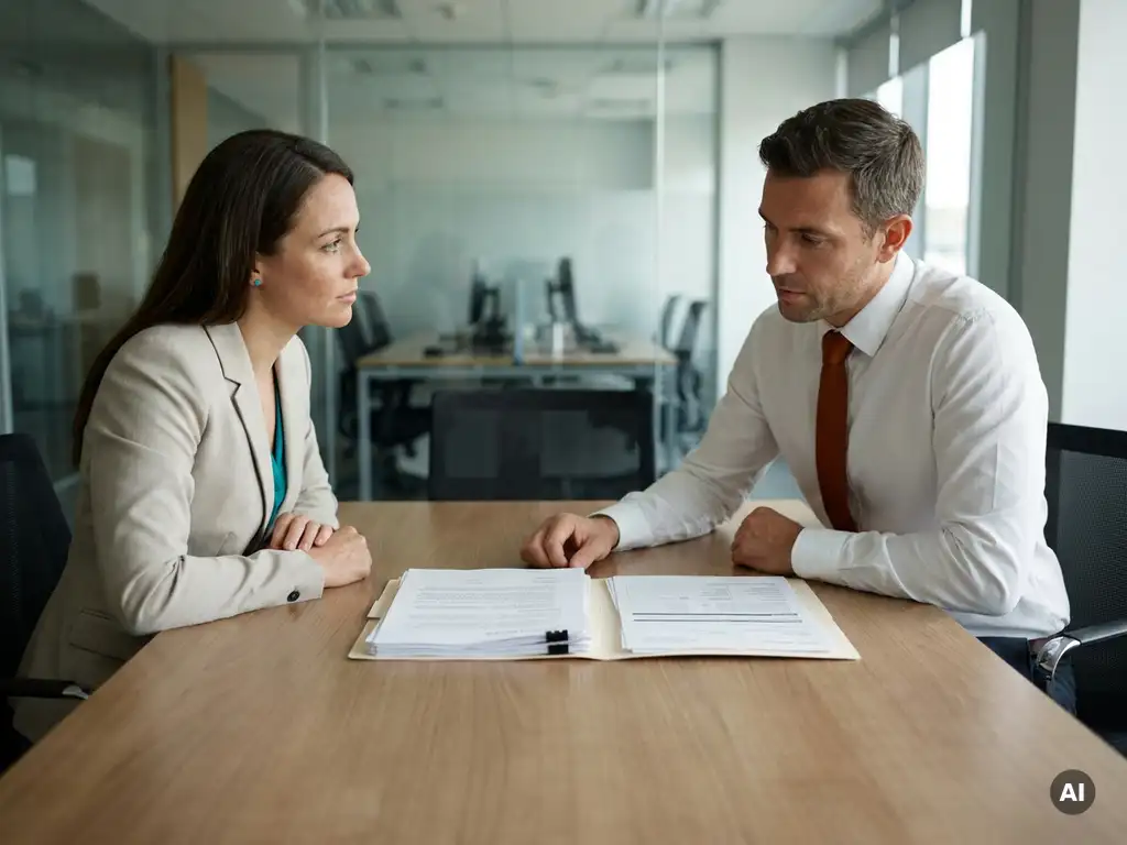Freelancer en recruiter bespreken contracten aan houten vergadertafel in modern kantoor met map vol zakelijke documenten