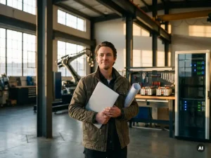 Zelfverzekerde technische freelancer in moderne werkplaats met robotarm, EV-onderdelen en serverrack in warme namiddagzon
