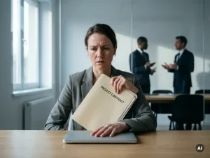 Bezorgde zzp’er aan modern bureau met gesloten laptop en dik contract, vaag overleg in glazen vergaderruimte op de achtergrond