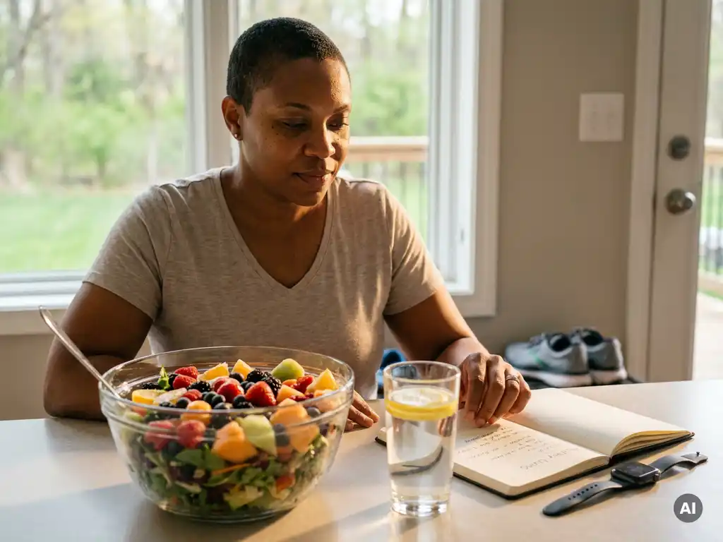 Volwassene aan keukentafel kiest bewust voor gezonde salade, fruit en water, met hardloopschoenen en groen uitzicht op achtergrond