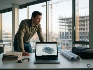 Jonge ingenieur twijfelt tussen ordners en blauwdrukken aan bureau met 3D-constructietekening, voor ramen met industrieel uitzicht