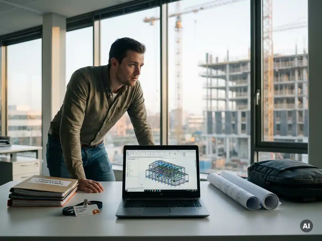 Jonge ingenieur twijfelt tussen ordners en blauwdrukken aan bureau met 3D-constructietekening, voor ramen met industrieel uitzicht