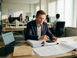 Nederlandse ingenieur bestudeert technische documenten en contract aan bureau in modern kantoor, focus op regelgeving en compliance