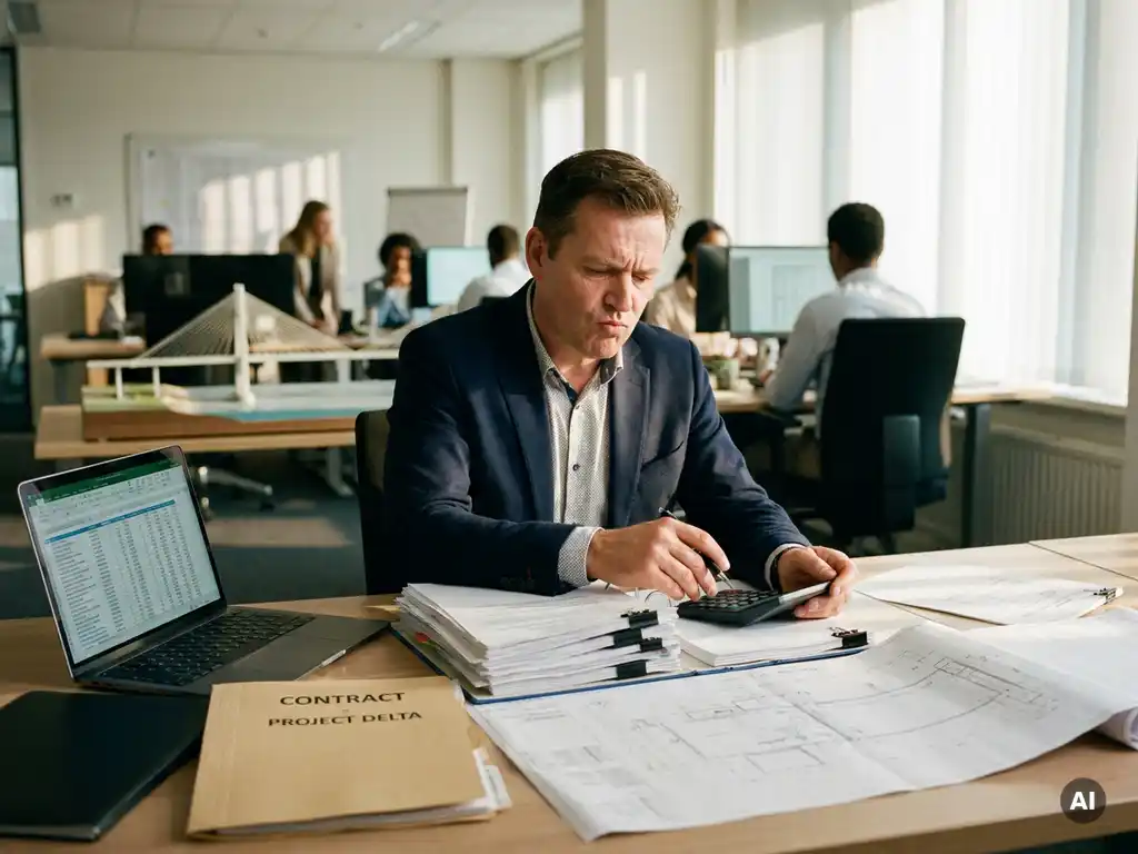 Nederlandse ingenieur bestudeert technische documenten en contract aan bureau in modern kantoor, focus op regelgeving en compliance