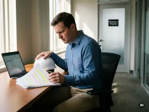 Bezorgde ingenieur aan bureau leest juridisch document met markeringen, hand op bouwhelm, laptop en kantoorgang op achtergrond