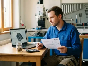 Zelfverzekerde werktuigbouwkundige bekijkt loonstrook bij laptop met 3D-tekening, calculator en euromunten in nette werkplaats