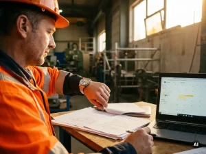 Ingenieur in veiligheidshesje aan werkbank, controleert horloge bij contracten, technische tekeningen en laptop met agenda