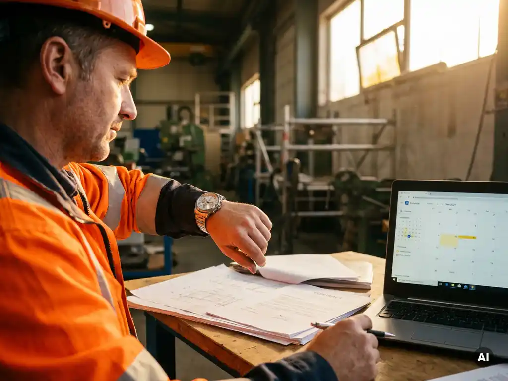 Ingenieur in veiligheidshesje aan werkbank, controleert horloge bij contracten, technische tekeningen en laptop met agenda