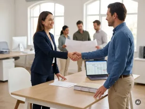 Ingenieur in business casual schudt handen met bureauvertegenwoordiger boven contract en projectdossier in lichte kantoorruimte