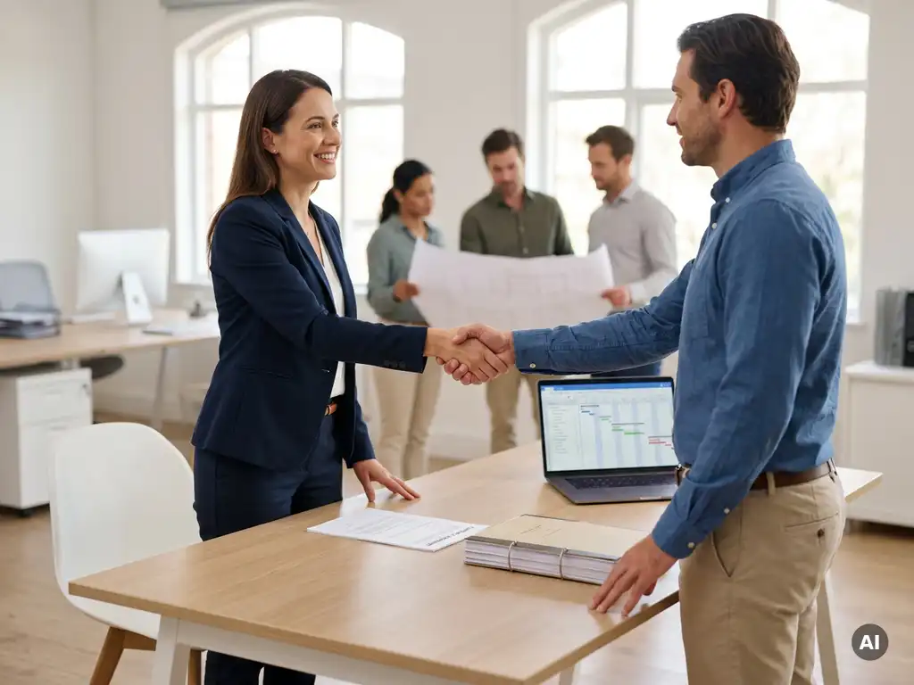 Ingenieur in business casual schudt handen met bureauvertegenwoordiger boven contract en projectdossier in lichte kantoorruimte