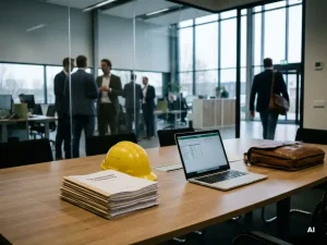 Vergadertafel in Nederlands ingenieurskantoor met helm, contracten, laptop en koffer; collega’s vaag zichtbaar achter glazen wand