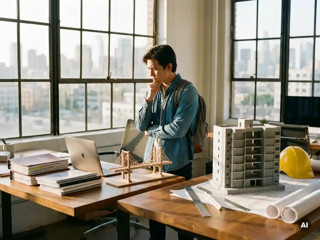Jonge ingenieur twijfelt tussen bureau met juridische rapporten en laptop en bureau met 3D-gebouwmodel, helm en bouwtekeningen