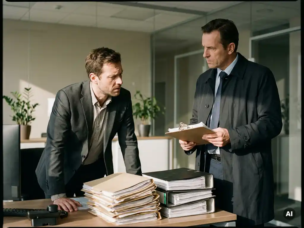 Bezorgde professional aan bureau tegenover serieuze inspecteur met clipboard, stapel dossiers tussen hen in in modern kantoor