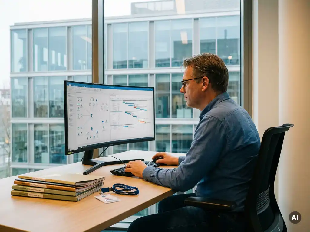 Zelfverzekerde Nederlandse IT-freelancer aan bureau met technisch dashboard, overheidsgebouw en contractmappen op de achtergrond
