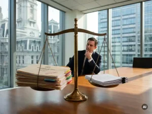 Gouden weegschaal met zware stapel overheidscontracten tegenover lichtere zakelijke contracten in moderne vergaderruimte