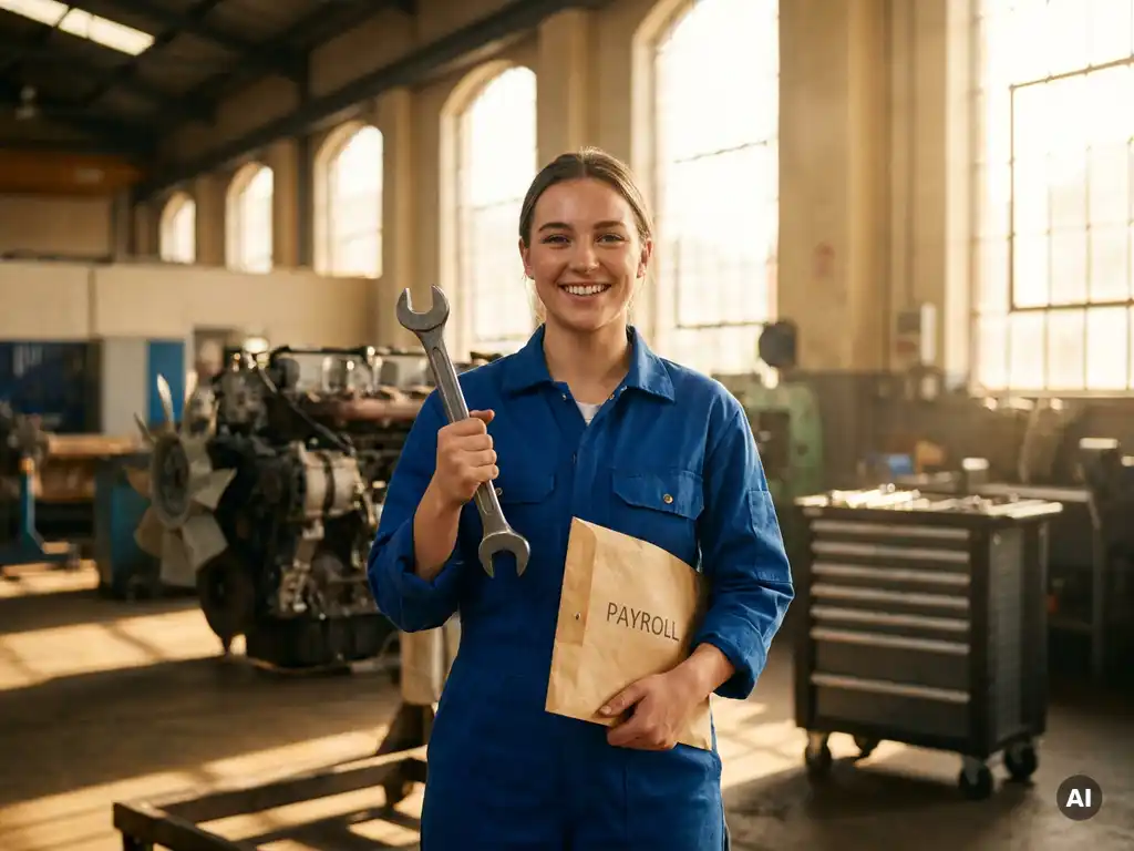 Jonge onderhoudsmonteur in blauwe overall met moersleutel en loonstrook in heldere werkplaats met machines op de achtergrond