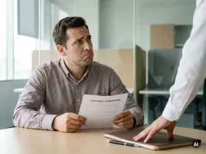 Bezorgde werknemer met contract aan bureau, confronterend gesprek met leidinggevende in moderne kantooromgeving