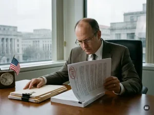 Ambtenaar leest gespannen een dik contract met rood omcirkelde datum 2027 aan bureau in modern overheidskantoor