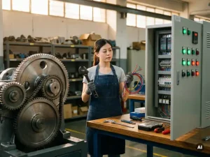 Jonge student in technisch lokaal vergelijkt grote tandwielmachine en open elektrisch paneel met gereedschap in beide handen