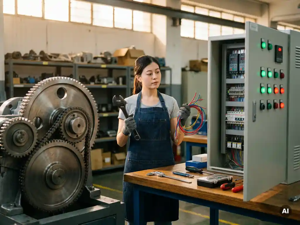 Jonge student in technisch lokaal vergelijkt grote tandwielmachine en open elektrisch paneel met gereedschap in beide handen