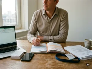 Nederlandse professional aan bureau, pen boven planner met overlappende roosters, gescheiden werk- en privéspullen op houten tafel