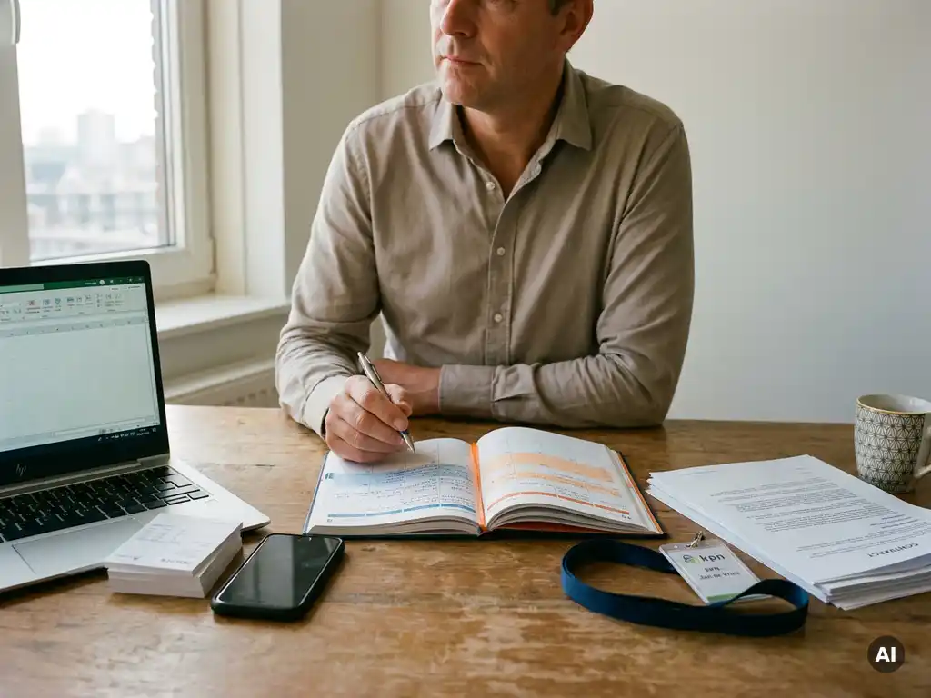 Nederlandse professional aan bureau, pen boven planner met overlappende roosters, gescheiden werk- en privéspullen op houten tafel