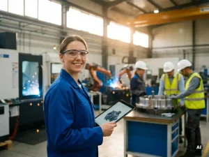 Jonge werktuigbouwkundig ingenieur met tablet en 3D-machineontwerp in moderne fabriek met CNC-machines en robots op de achtergrond
