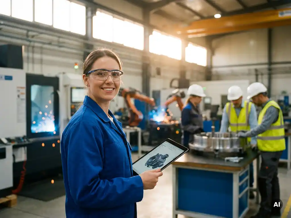 Jonge werktuigbouwkundig ingenieur met tablet en 3D-machineontwerp in moderne fabriek met CNC-machines en robots op de achtergrond