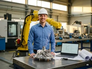 Zelfverzekerde werktuigbouwkundig ingenieur bij industriële robotarm en turbine, met laptop, tekeningen en CNC-machines op achtergrond