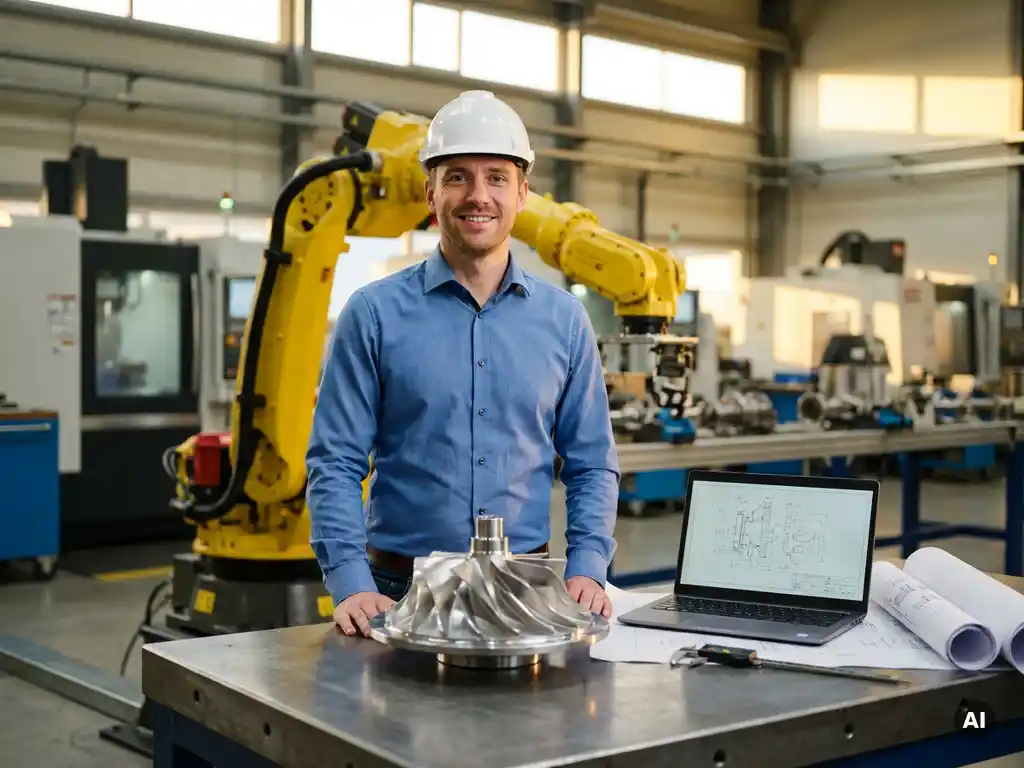 Zelfverzekerde werktuigbouwkundig ingenieur bij industriële robotarm en turbine, met laptop, tekeningen en CNC-machines op achtergrond
